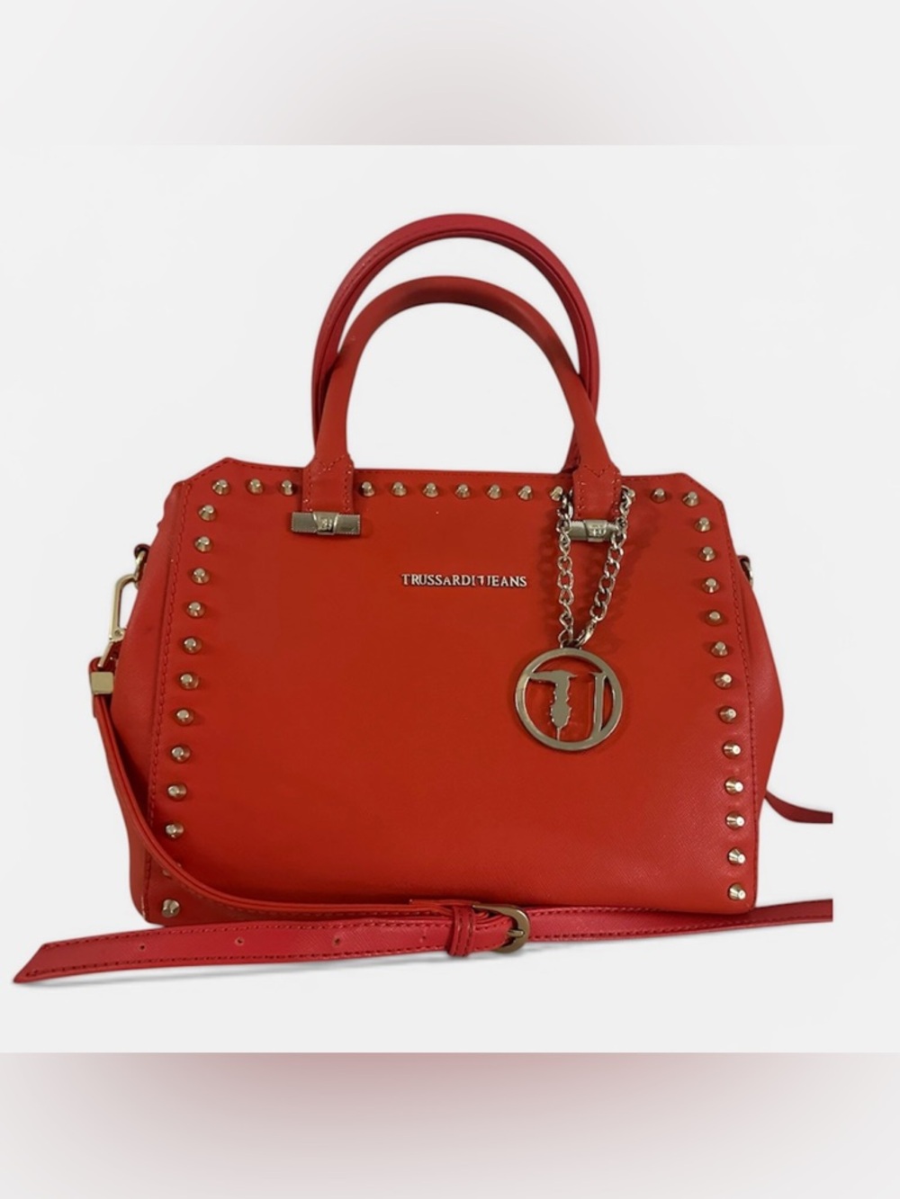 Authentic Trussardi Jeans Studded Satchel Crossbody Bag
Red  Leather